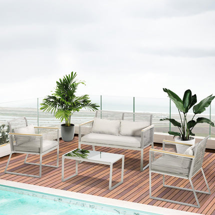 4 Piece Outdoor Wicker Sofa Set with Cushions and Tempered Glass Table - Grey