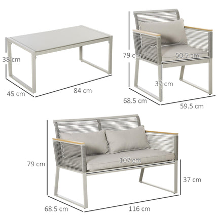4 Piece Outdoor Wicker Sofa Set with Cushions and Tempered Glass Table - Grey