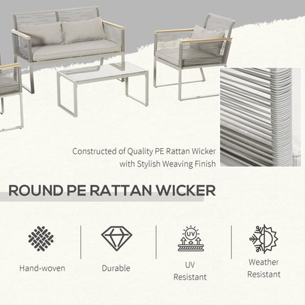 4 Piece Outdoor Wicker Sofa Set with Cushions and Tempered Glass Table - Grey