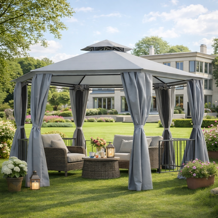 Hexagon 6 Panel Gazebo Canopy with 2-Tier Roof and Side Panel - Grey