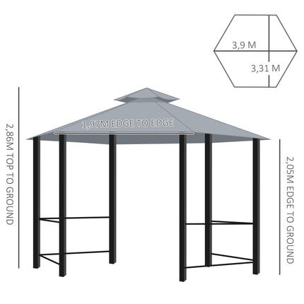 Hexagon 6 Panel Gazebo Canopy with 2-Tier Roof and Side Panel - Grey