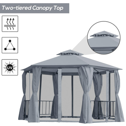 Hexagon 6 Panel Gazebo Canopy with 2-Tier Roof and Side Panel - Grey