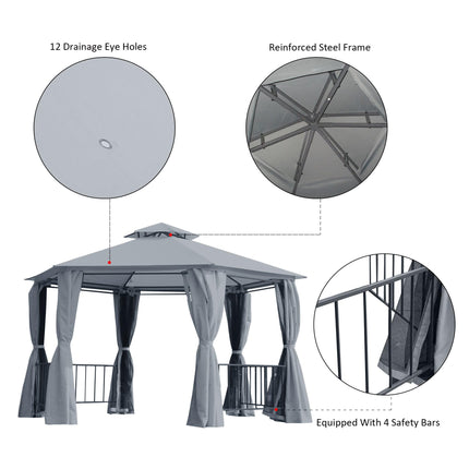Hexagon 6 Panel Gazebo Canopy with 2-Tier Roof and Side Panel - Grey