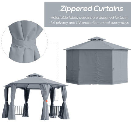 Hexagon 6 Panel Gazebo Canopy with 2-Tier Roof and Side Panel - Grey