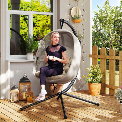 Folding Hanging Egg Chair with Stand and Cushion - Khaki