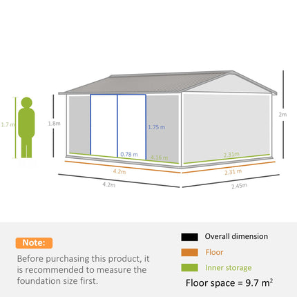 Large 14x9 Ft Lockable Steel Garden Storage Shed - Grey