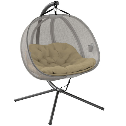 Double Hanging Egg Chair 2-Seater Swing Hammock with Stand, Cushion & Folding Design - Brown