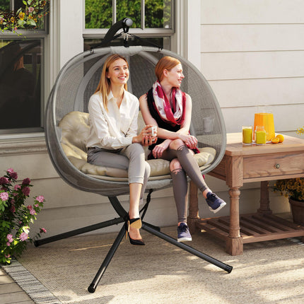 Double Hanging Egg Chair 2-Seater Swing Hammock with Stand, Cushion & Folding Design - Brown