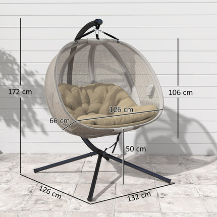 Double Hanging Egg Chair 2-Seater Swing Hammock with Stand, Cushion & Folding Design - Brown