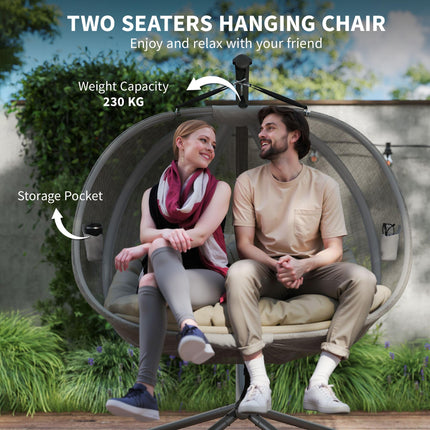 Double Hanging Egg Chair 2-Seater Swing Hammock with Stand, Cushion & Folding Design - Brown