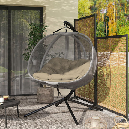 Double Hanging Egg Chair 2-Seater Swing Hammock with Stand, Cushion & Folding Design - Brown
