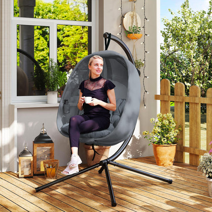 Hanging Egg Chair with Folding Stand and Cushion - Grey