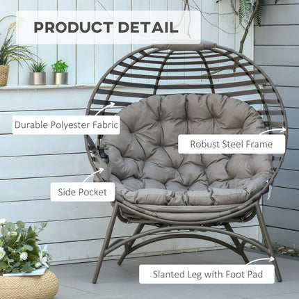 2 Seater Garden Egg Chair with Steel Frame and Cushions - Brown