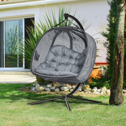 Double Hanging Egg 2-Seater Swing Hammock Chair with Stand, Cushion & Folding Design - Grey