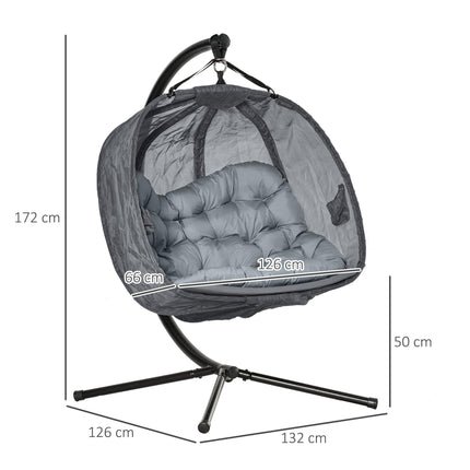 Double Hanging Egg 2-Seater Swing Hammock Chair with Stand, Cushion & Folding Design - Grey