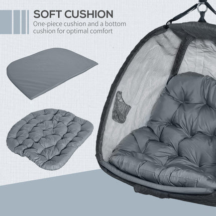 Double Hanging Egg 2-Seater Swing Hammock Chair with Stand, Cushion & Folding Design - Grey