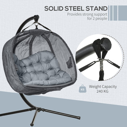 Double Hanging Egg 2-Seater Swing Hammock Chair with Stand, Cushion & Folding Design - Grey