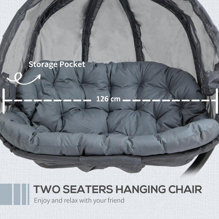 Double Hanging Egg 2-Seater Swing Hammock Chair with Stand, Cushion & Folding Design - Grey