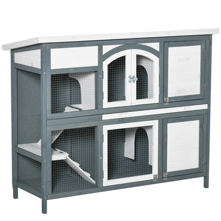 Two-Tier Wooden Rabbit Hutch with Ramp, Slide-Out Tray & Openable Roof - Grey