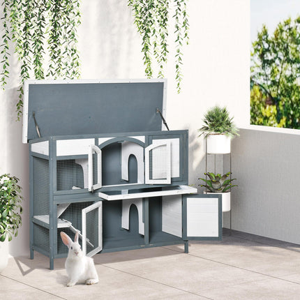 Two-Tier Wooden Rabbit Hutch with Ramp, Slide-Out Tray & Openable Roof - Grey