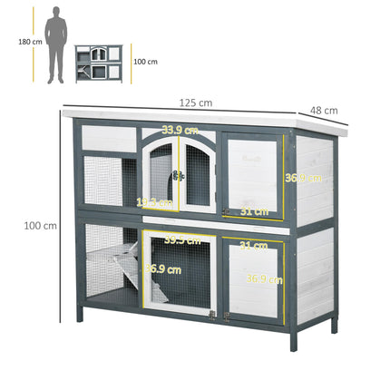 Two-Tier Wooden Rabbit Hutch with Ramp, Slide-Out Tray & Openable Roof - Grey