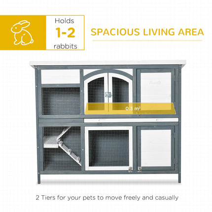 Two-Tier Wooden Rabbit Hutch with Ramp, Slide-Out Tray & Openable Roof - Grey