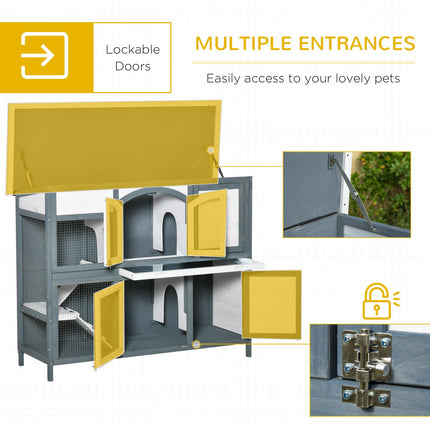 Two-Tier Wooden Rabbit Hutch with Ramp, Slide-Out Tray & Openable Roof - Grey