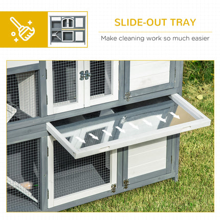 Two-Tier Wooden Rabbit Hutch with Ramp, Slide-Out Tray & Openable Roof - Grey
