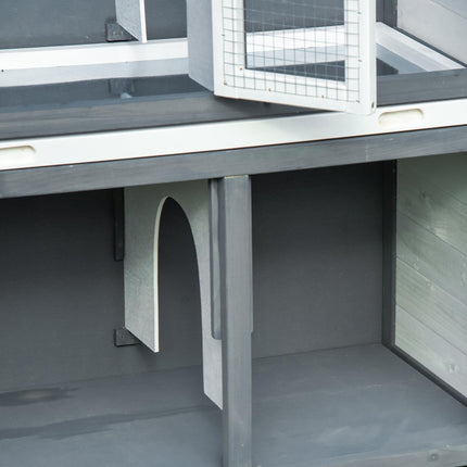 Two-Tier Wooden Rabbit Hutch with Ramp, Slide-Out Tray & Openable Roof - Grey
