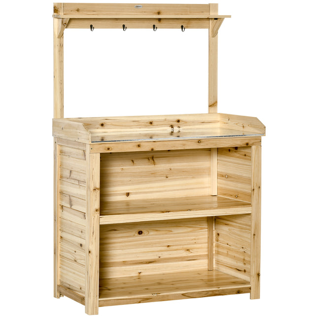 Garden Potting Bench Table with Galvanized Metal Top, Storage Shelves & Hooks - Natural