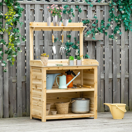 Garden Potting Bench Table with Galvanized Metal Top, Storage Shelves & Hooks - Natural