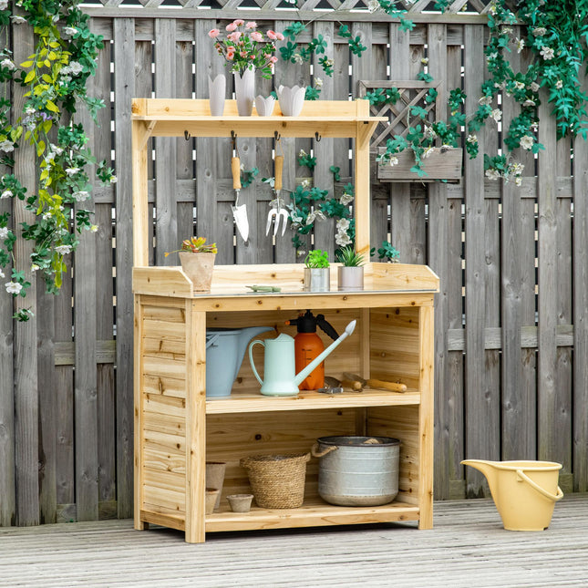 Garden Potting Bench Table with Galvanized Metal Top, Storage Shelves & Hooks - Natural