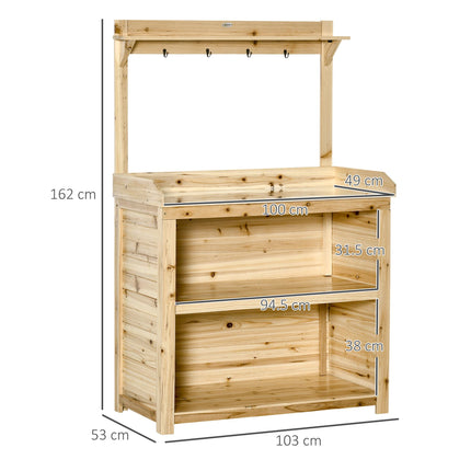 Garden Potting Bench Table with Galvanized Metal Top, Storage Shelves & Hooks - Natural
