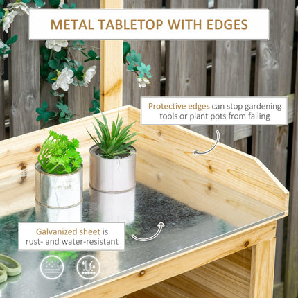 Garden Potting Bench Table with Galvanized Metal Top, Storage Shelves & Hooks - Natural