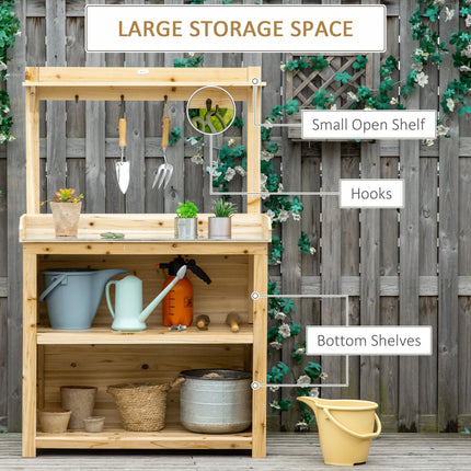 Garden Potting Bench Table with Galvanized Metal Top, Storage Shelves & Hooks - Natural