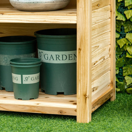 Garden Potting Bench Table with Galvanized Metal Top, Storage Shelves & Hooks - Natural