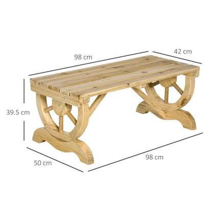 Rustic 2-Person Wooden Garden Bench with Wagon Wheel Legs Slatted Seat - Natural Wood Effect
