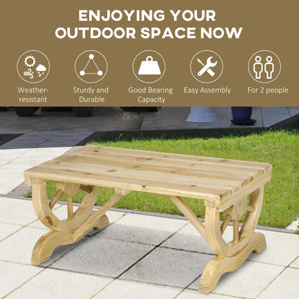 Rustic 2-Person Wooden Garden Bench with Wagon Wheel Legs Slatted Seat - Natural Wood Effect