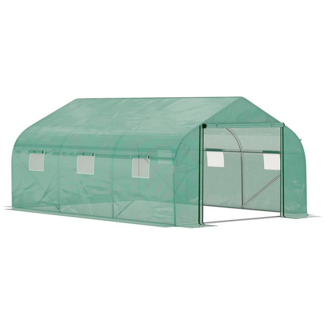 15x10ft Walk-In Polytunnel Greenhouse with PE Cover & 6 Mesh Windows - Green