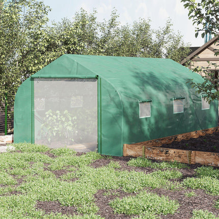 15x10ft Walk-In Polytunnel Greenhouse with PE Cover & 6 Mesh Windows - Green