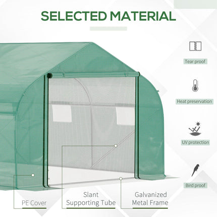 15x10ft Walk-In Polytunnel Greenhouse with PE Cover & 6 Mesh Windows - Green