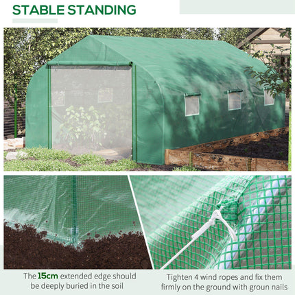 15x10ft Walk-In Polytunnel Greenhouse with PE Cover & 6 Mesh Windows - Green