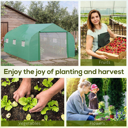 15x10ft Walk-In Polytunnel Greenhouse with PE Cover & 6 Mesh Windows - Green