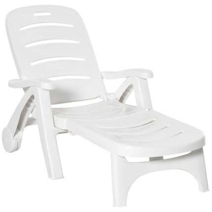 Folding Outdoor Plastic Chaise Lounge Chair with Wheels - White
