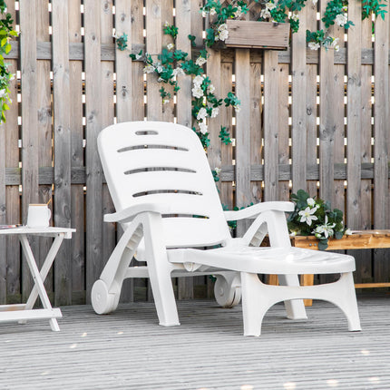 Folding Outdoor Plastic Chaise Lounge Chair with Wheels - White