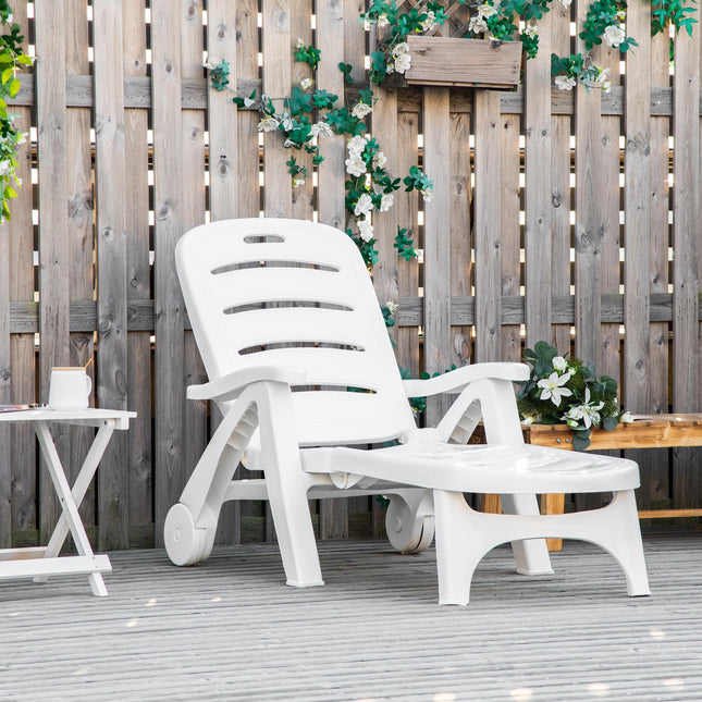 Folding Outdoor Plastic Chaise Lounge Chair with Wheels - White