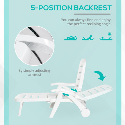 Folding Outdoor Plastic Chaise Lounge Chair with Wheels - White