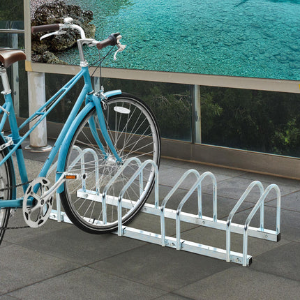 Bike Stand Parking Rack 5-Bike Floor or Wall Mount Locking Storage - Silver