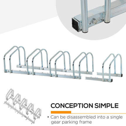 Bike Stand Parking Rack 5-Bike Floor or Wall Mount Locking Storage - Silver