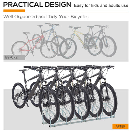 Bike Stand Parking Rack 5-Bike Floor or Wall Mount Locking Storage - Silver